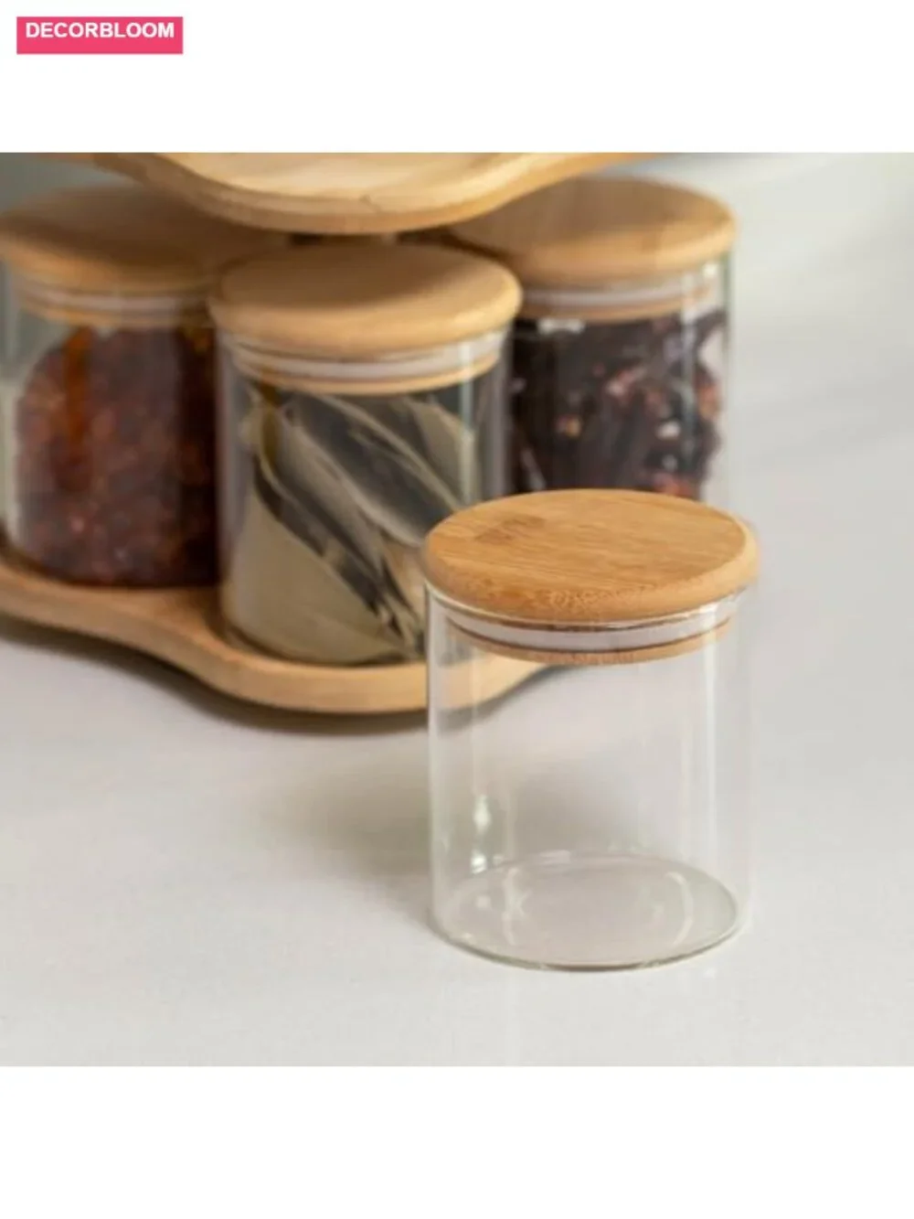 Two-Tier Bamboo Lazy Susan Turntable with 8 Airtight Glass Jars Spice Rack